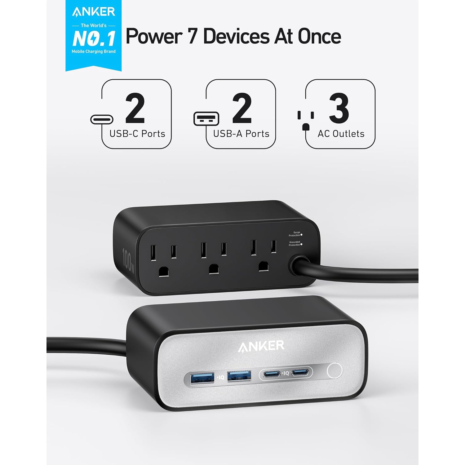 Anker Charging Station(100W Max), 7-in-1 USB C Power Strip for iPhone 15/14, Macbook Air/Pro, 5ft Thin Cord,3 AC, 2 USB A,2 USB C,Power Delivery for
