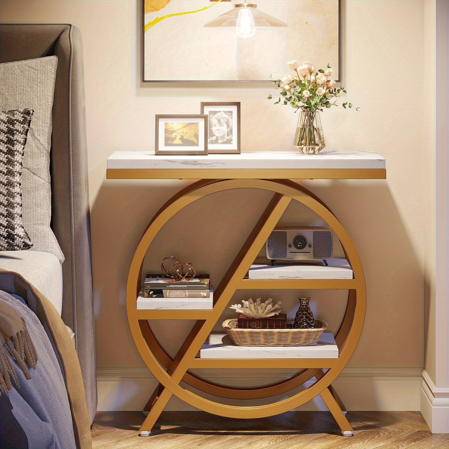 Lantine End Table, Narrow Side Table with 4-Tier Large Storage Space, Modern Bedside Table for Home Office, Bedroom, Living Room