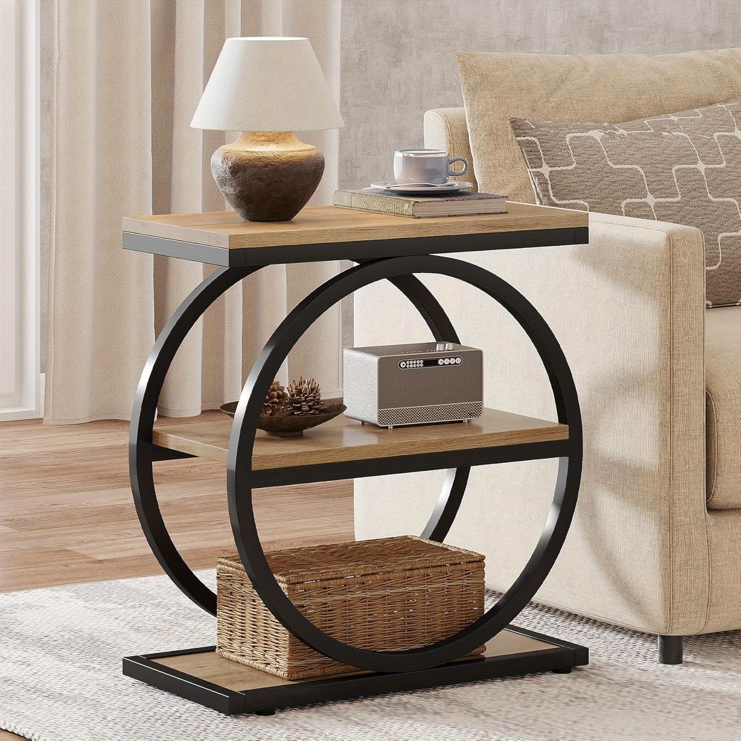 Lantine End Table With Storage Shelves, 3-Tier Wooden Industrial Sofa Side Table With Black Metal Frames For Living Room, Slim Nightstand And Bedside