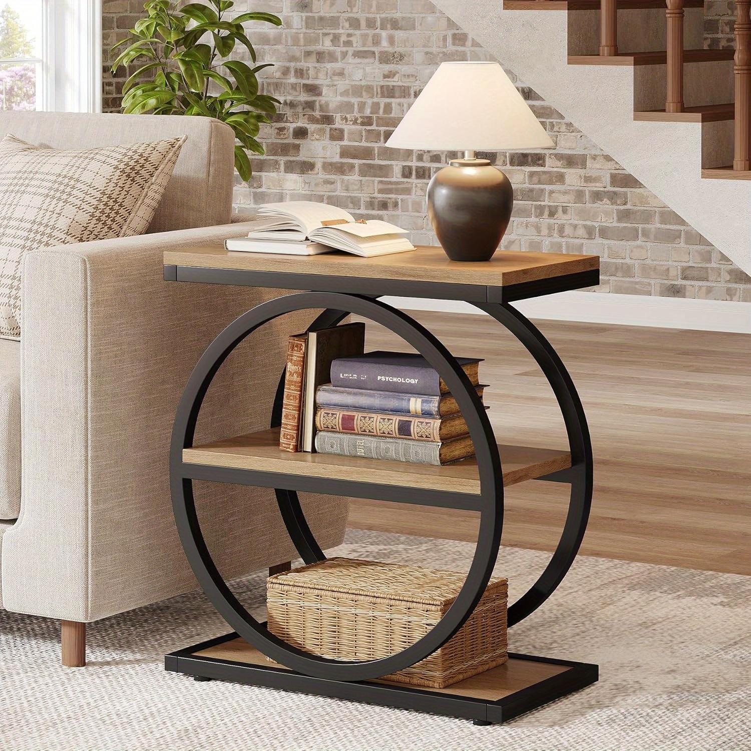 Lantine End Table With Storage Shelves, 3-Tier Wooden Industrial Sofa Side Table With Black Metal Frames For Living Room, Slim Nightstand And Bedside