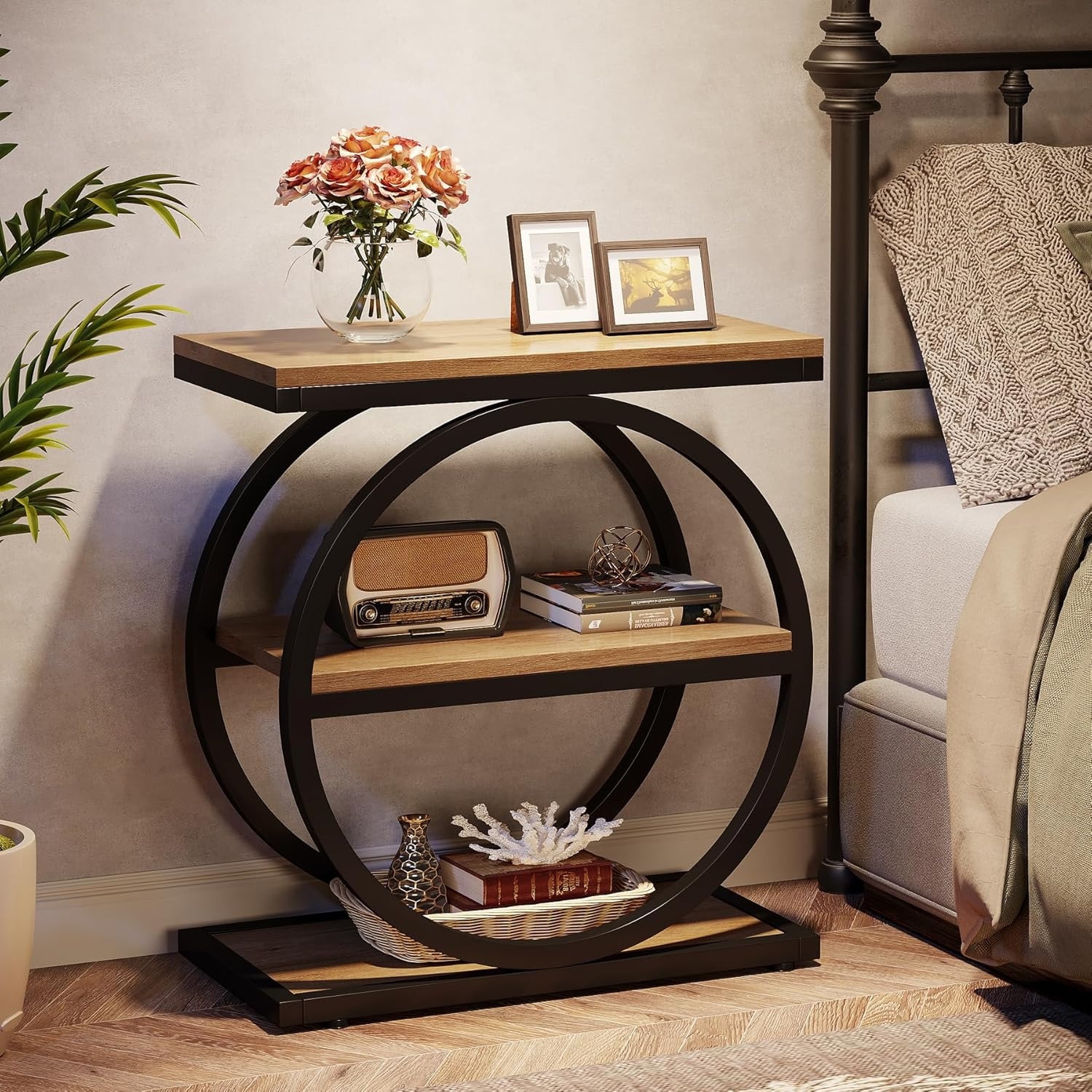 Lantine End Table With Storage Shelves, 3-Tier Wooden Industrial Sofa Side Table With Black Metal Frames For Living Room, Slim Nightstand And Bedside