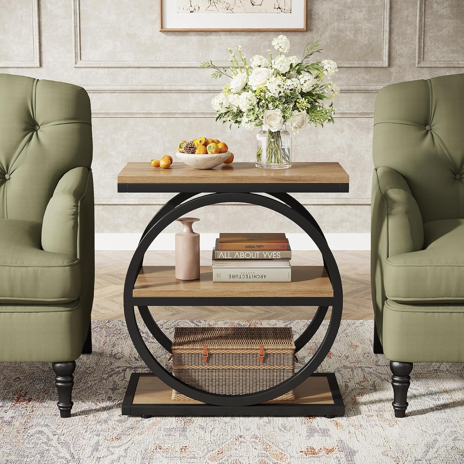 Lantine End Table With Storage Shelves, 3-Tier Wooden Industrial Sofa Side Table With Black Metal Frames For Living Room, Slim Nightstand And Bedside