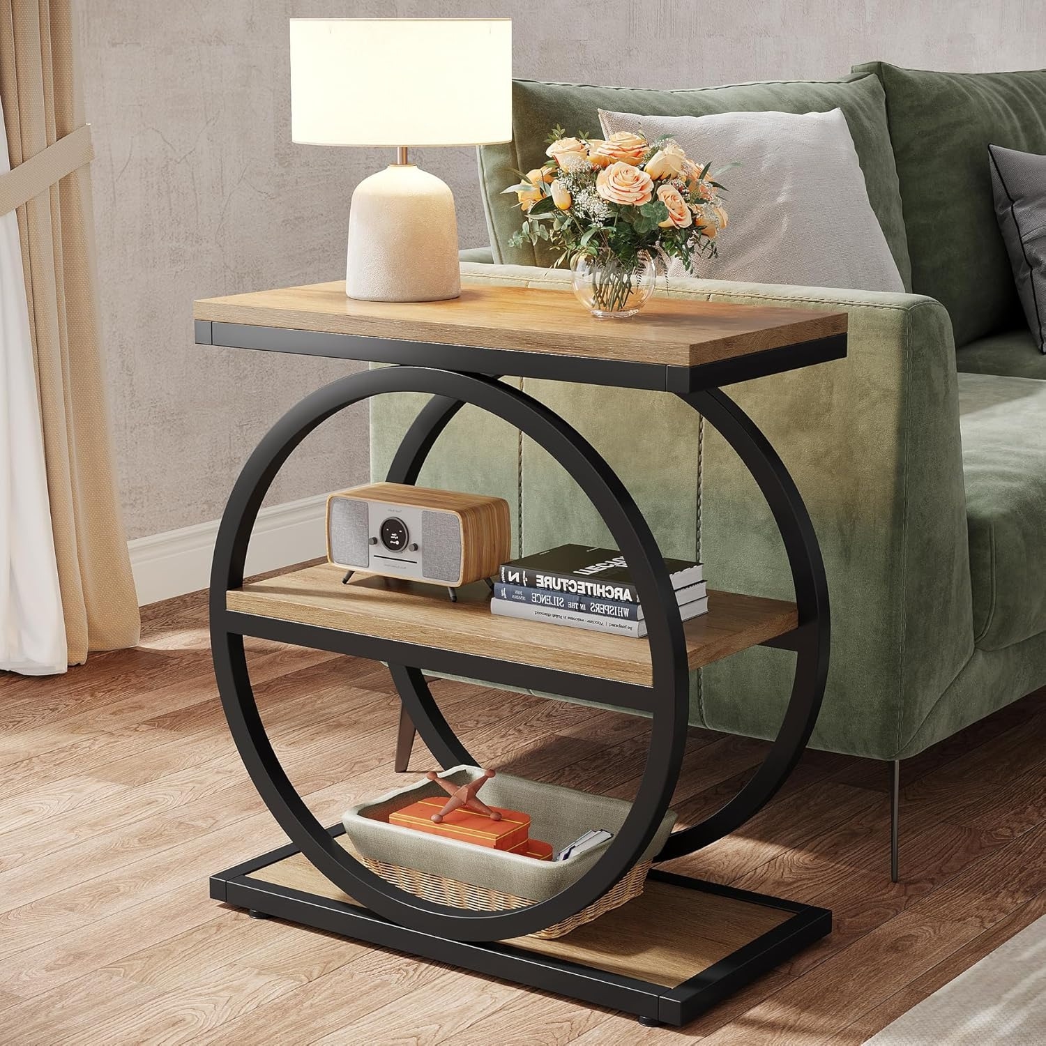Lantine End Table With Storage Shelves, 3-Tier Wooden Industrial Sofa Side Table With Black Metal Frames For Living Room, Slim Nightstand And Bedside