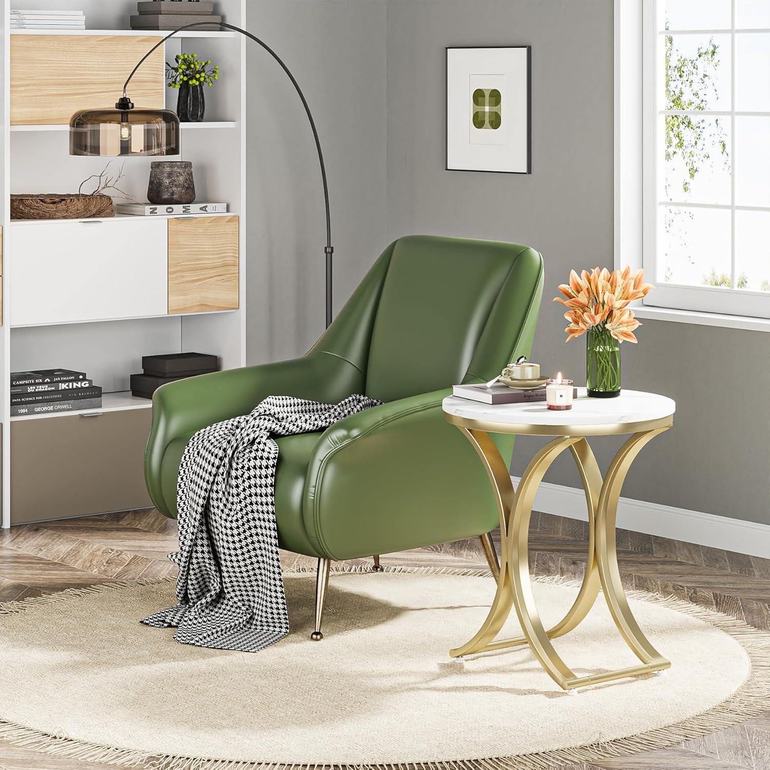 Lantine Small round table, coffee table, sofa side table, modern simple storage table, suitable for living room, balcony, bedroom, platinum color,