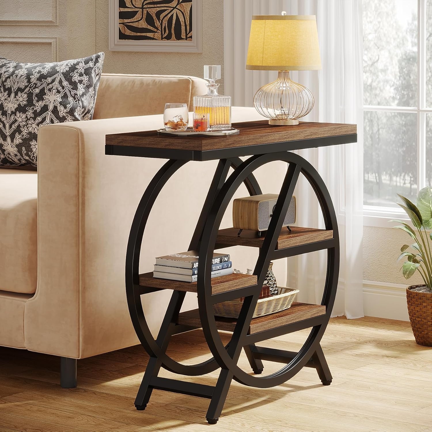 Lantine End Table For Living Room, 3-Tier Narrow Side Table With Storage, Wood Sofa Side Table With Geometric Metal Frame, Industrial Nightstand And