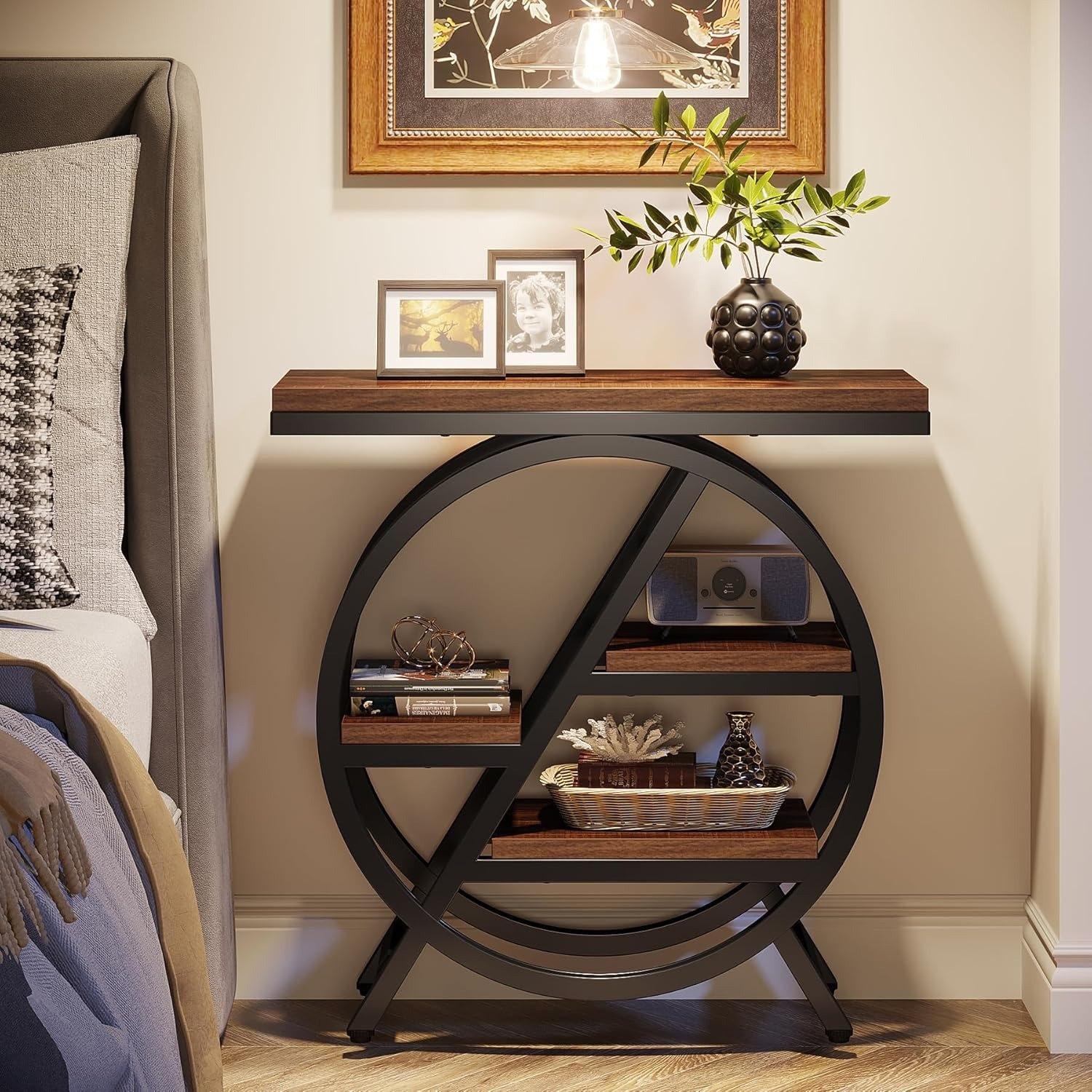 Lantine End Table For Living Room, 3-Tier Narrow Side Table With Storage, Wood Sofa Side Table With Geometric Metal Frame, Industrial Nightstand And