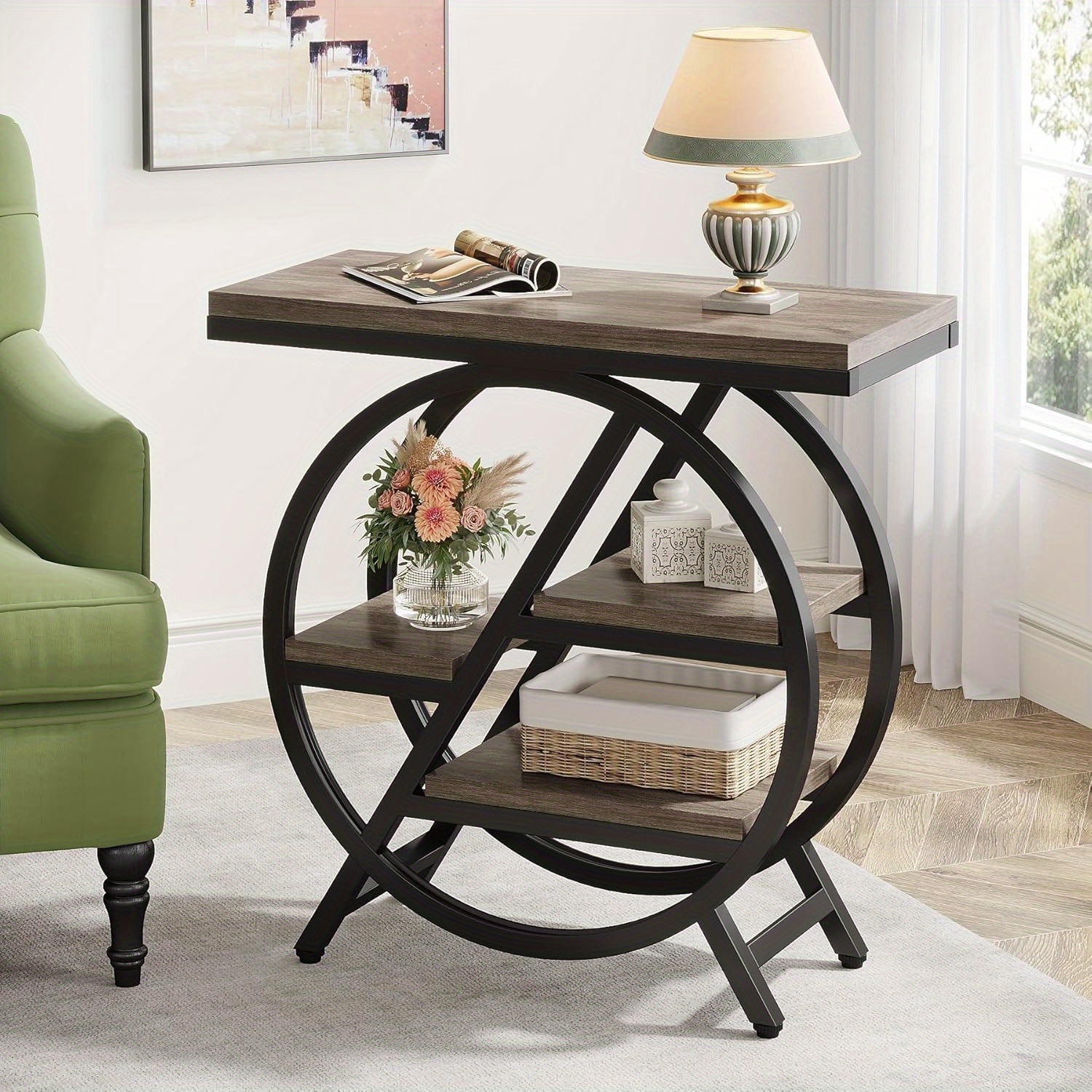 Lantine End Table For Living Room, 3-Tier Narrow Side Table With Storage, Wood Sofa Side Table With Geometric Metal Frame, Industrial Nightstand And