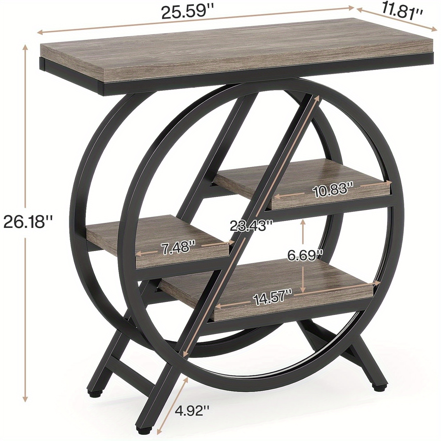 Lantine End Table For Living Room, 3-Tier Narrow Side Table With Storage, Wood Sofa Side Table With Geometric Metal Frame, Industrial Nightstand And