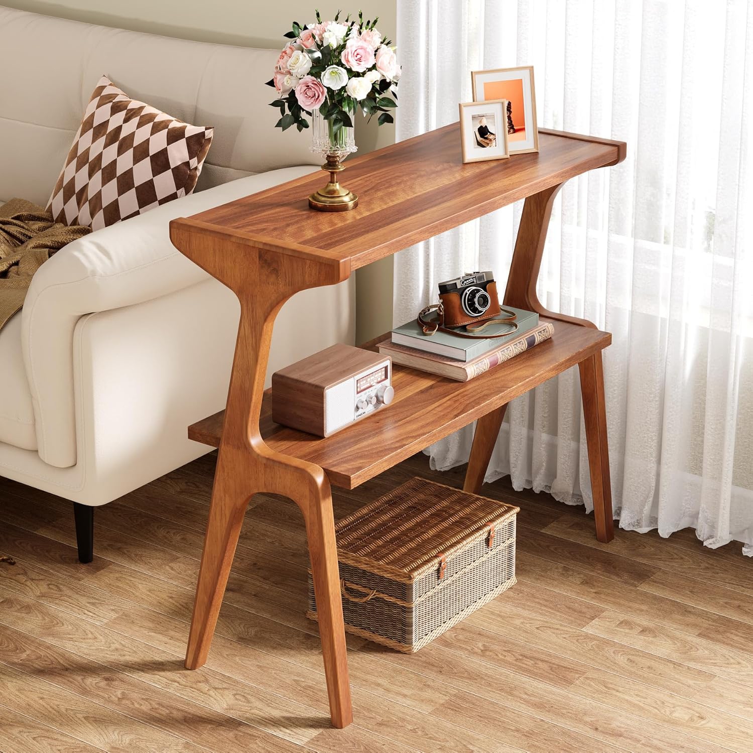 Lantine Wood End Table for Living Room, Farmhouse Tall Couch Side Table with Storage Shelves, Long Nightstand with Solid Wood Legs for Bedroom, Small