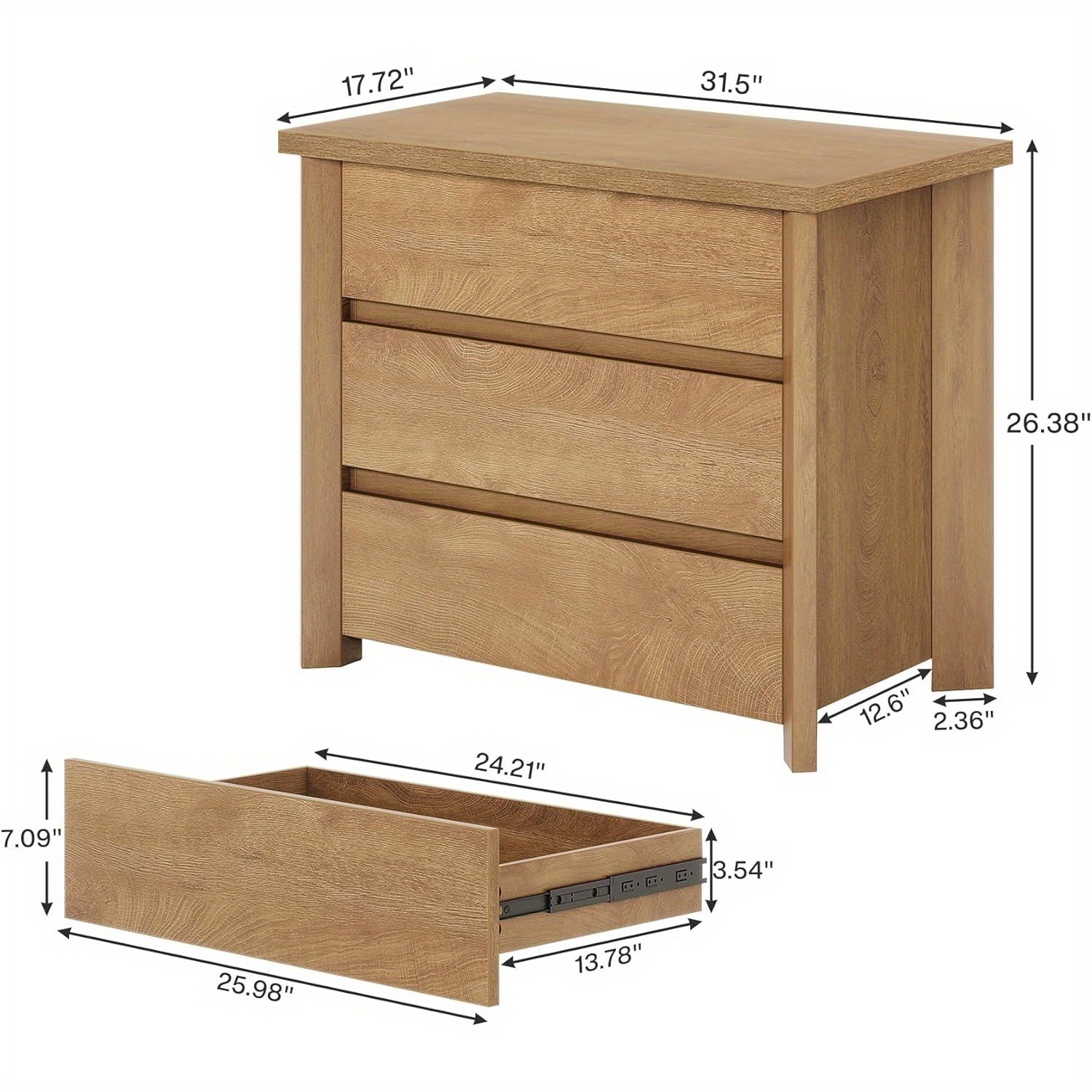 Lantine Wood Nightstand with 3 Drawers, Farmhouse Large Bedside Table with Storage for Bedroom, Living Room and Small Spaces, Easy Assembly, Rustic