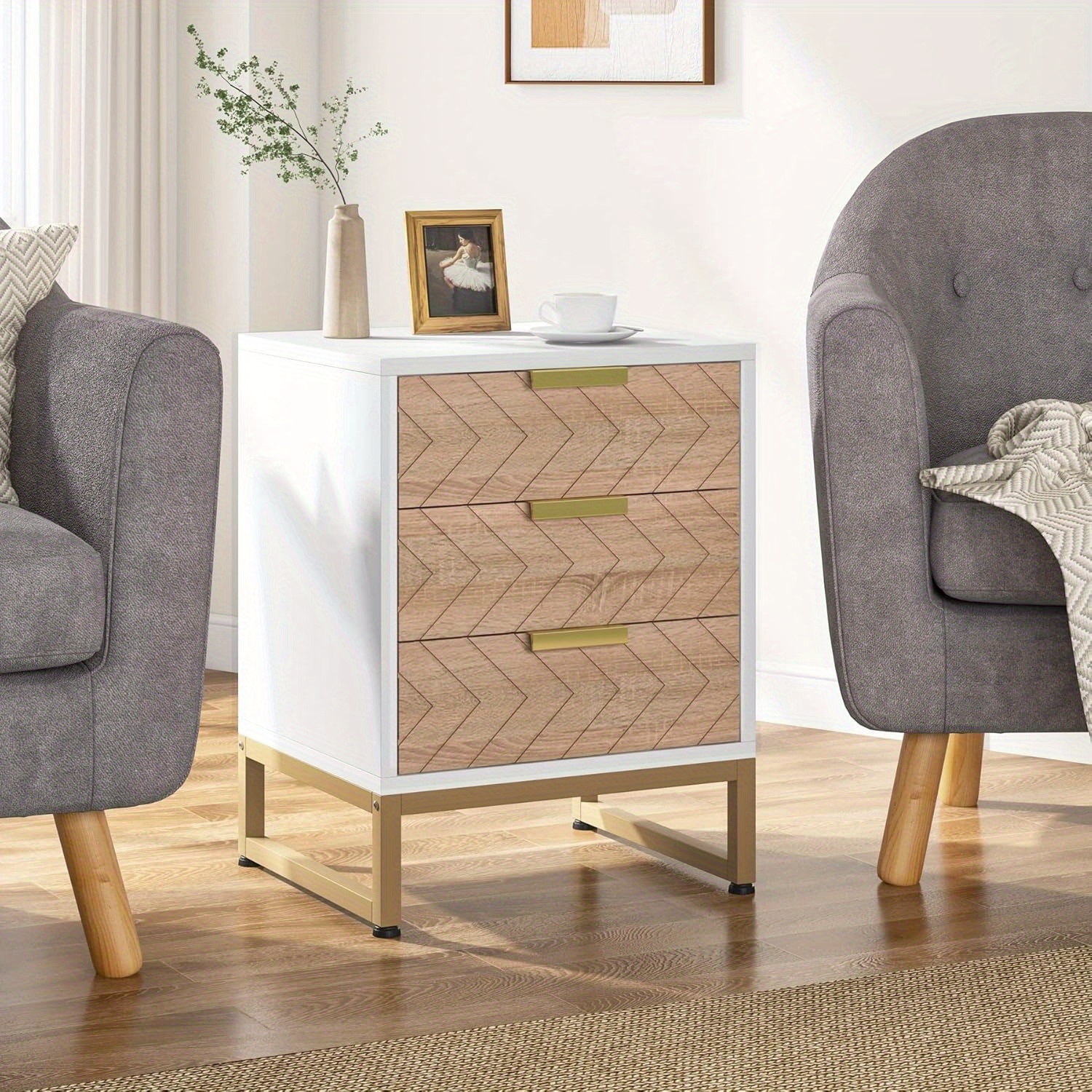 Lantine 3 Drawers Nightstand Set Of 2, Modern Bedside Table With Unique Chevron Design, White End Side Table Night Stands With Gold Metal Legs For