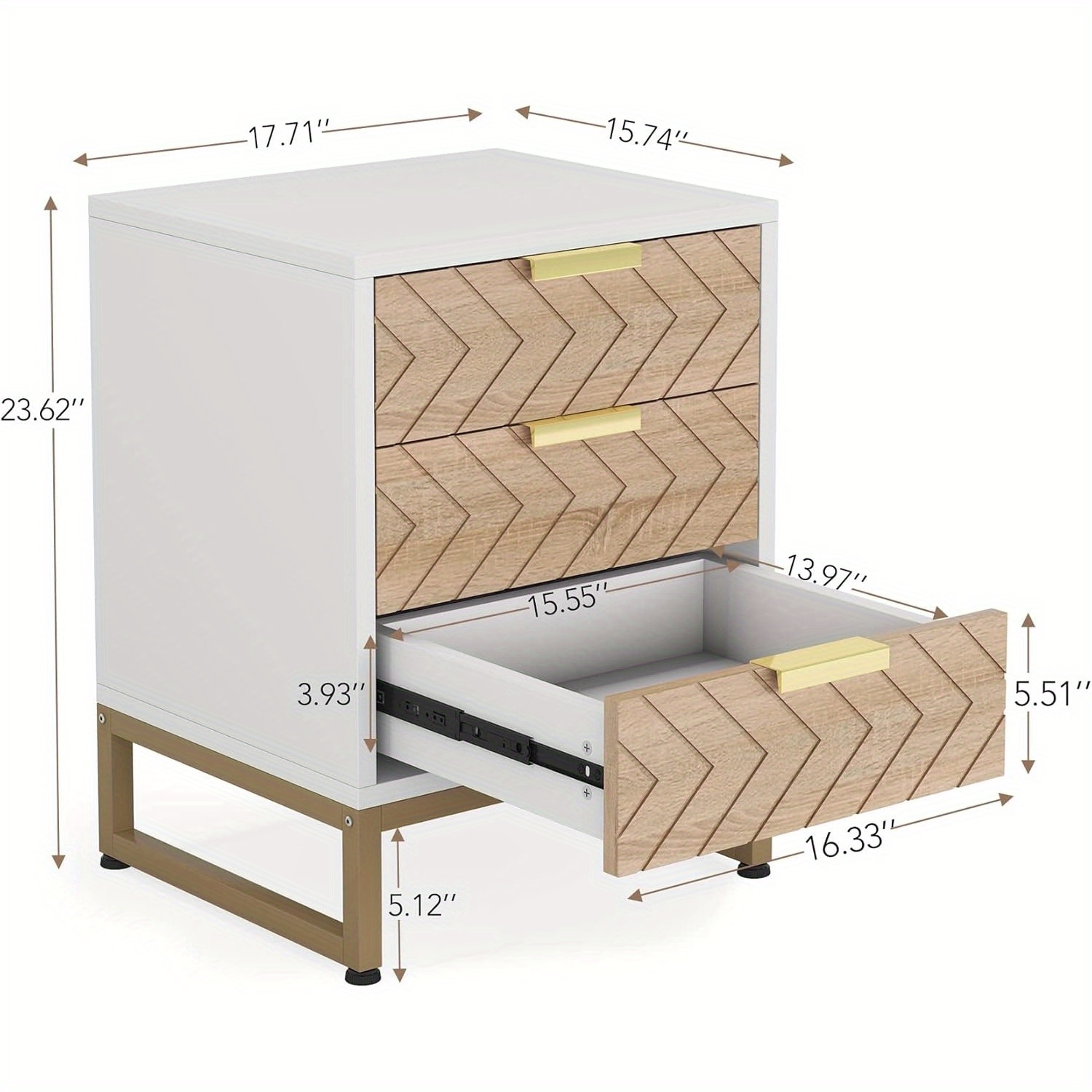Lantine 3 Drawers Nightstand Set Of 2, Modern Bedside Table With Unique Chevron Design, White End Side Table Night Stands With Gold Metal Legs For