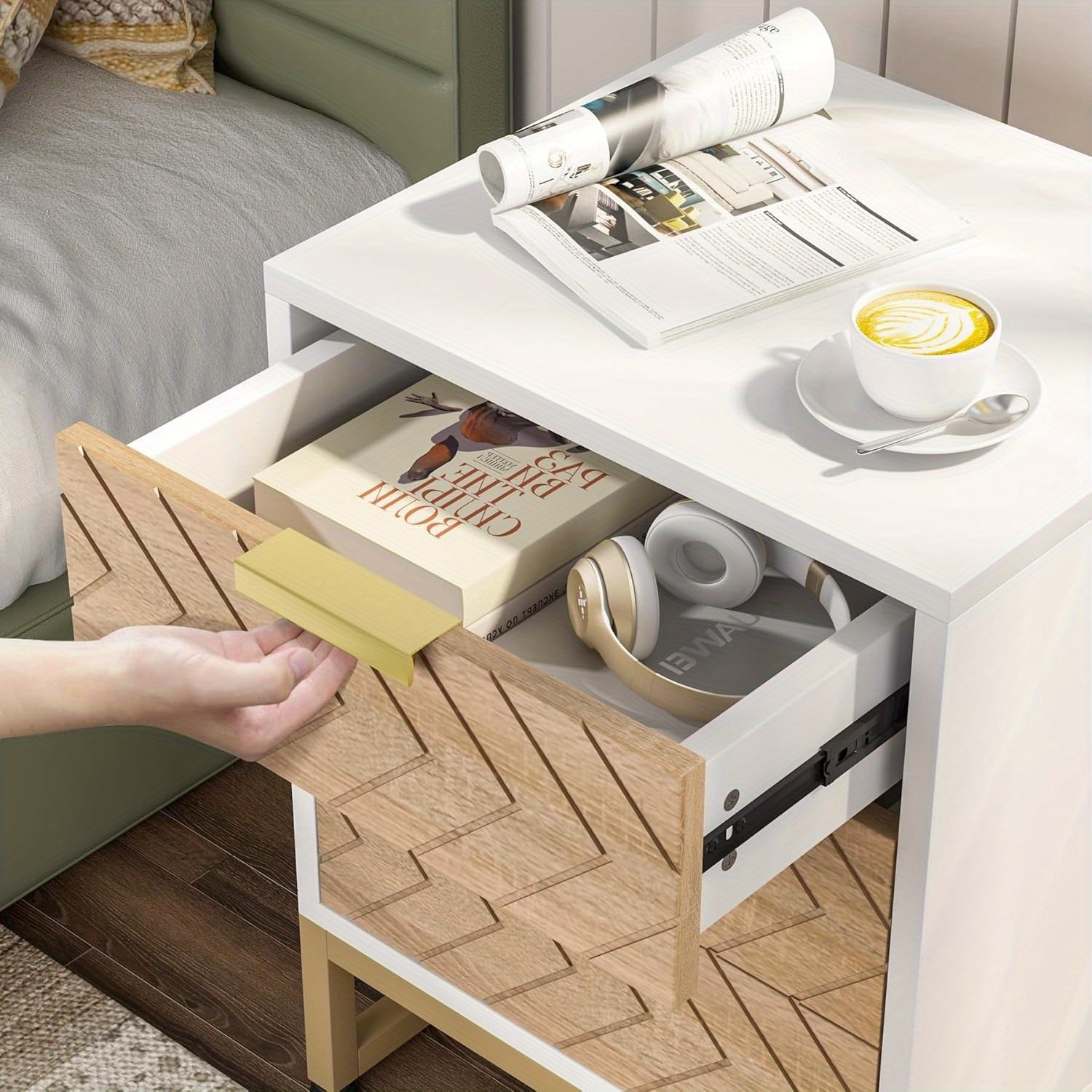 Lantine 3 Drawers Nightstand Set Of 2, Modern Bedside Table With Unique Chevron Design, White End Side Table Night Stands With Gold Metal Legs For