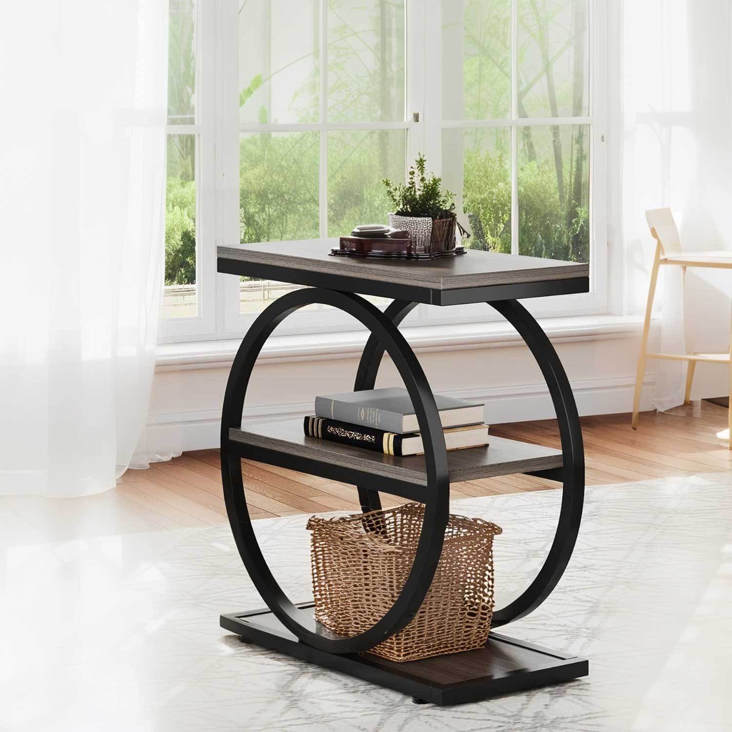 Lantine – Table de bout industrielle étroite, 3 tablettes de rangement, cadre en métal noir, table d'appoint de canapé pour le salon, table de chevet