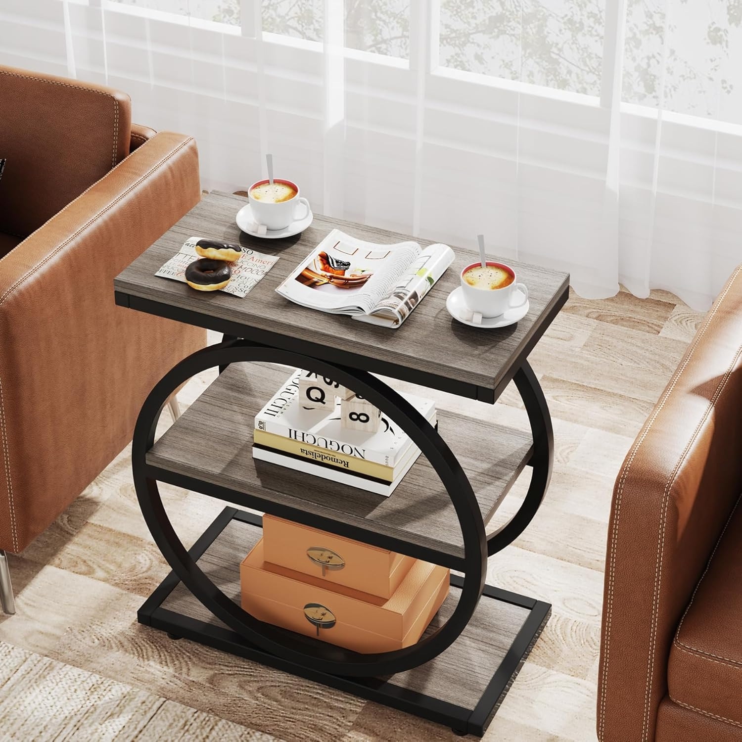 Lantine – Table de bout industrielle étroite, 3 tablettes de rangement, cadre en métal noir, table d'appoint de canapé pour le salon, table de chevet