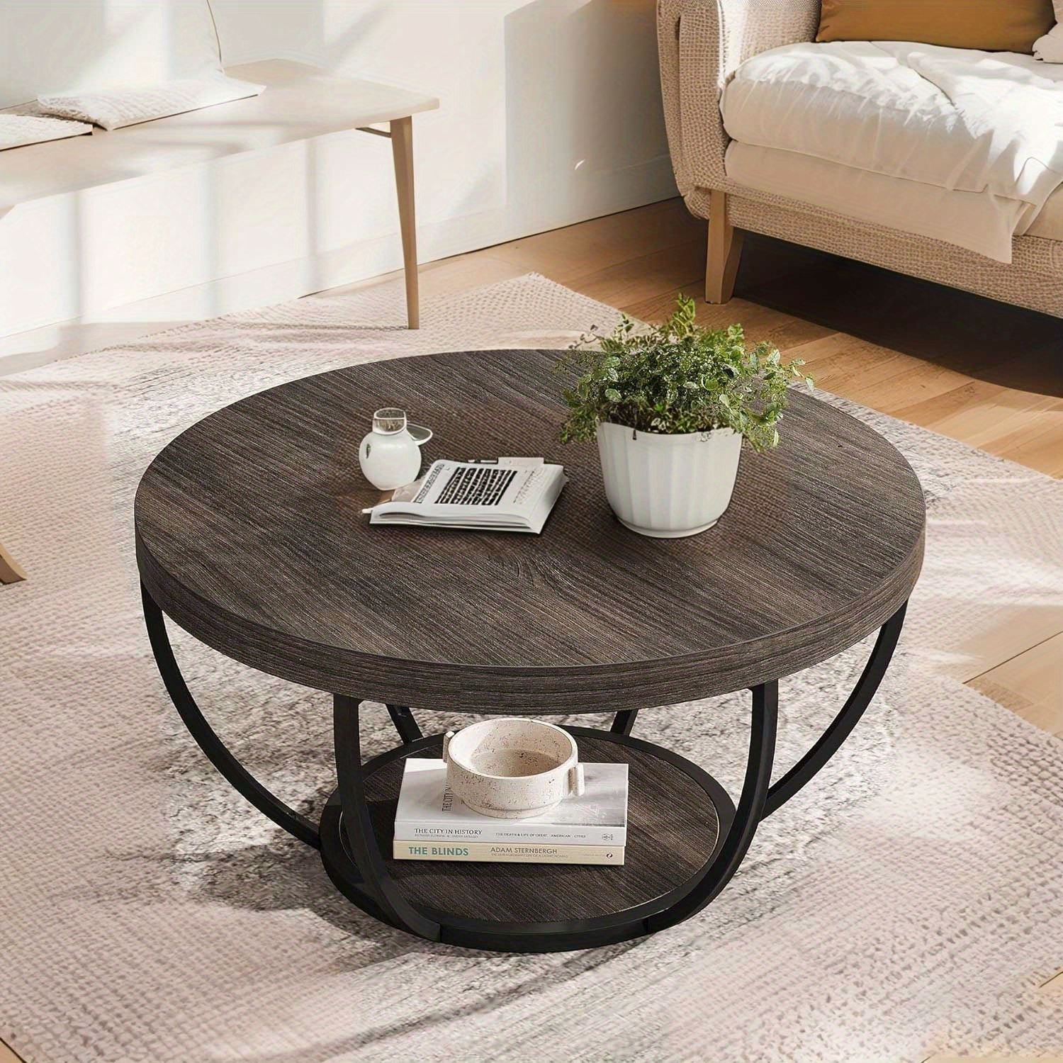 Table basse ronde Lantine, table basse ronde en bois 31,7 po 2-Tier avec tablettes de rangement, table basse d'appoint moderne pour salon, gris