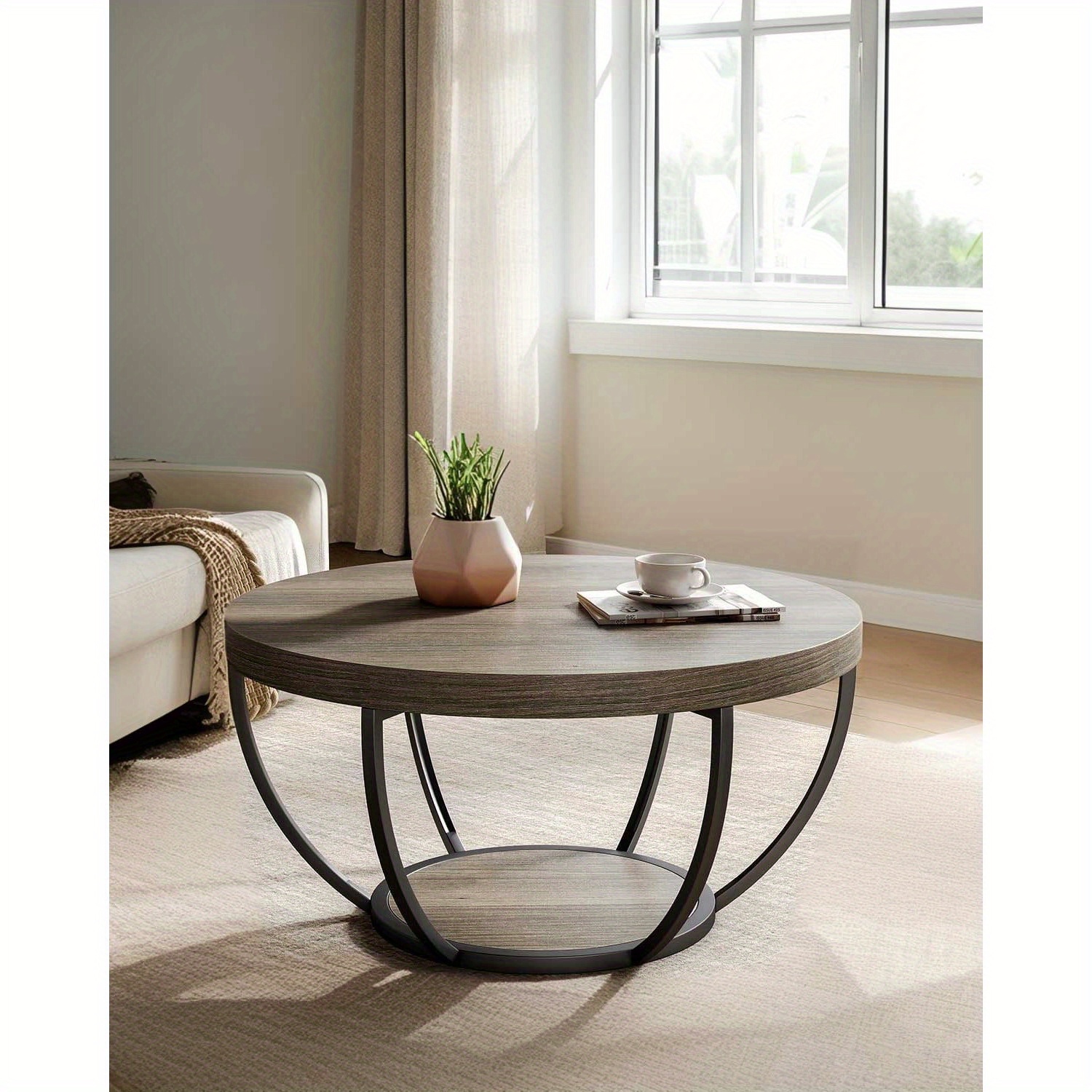 Table basse ronde Lantine, table basse ronde en bois 31,7 po 2-Tier avec tablettes de rangement, table basse d'appoint moderne pour salon, gris