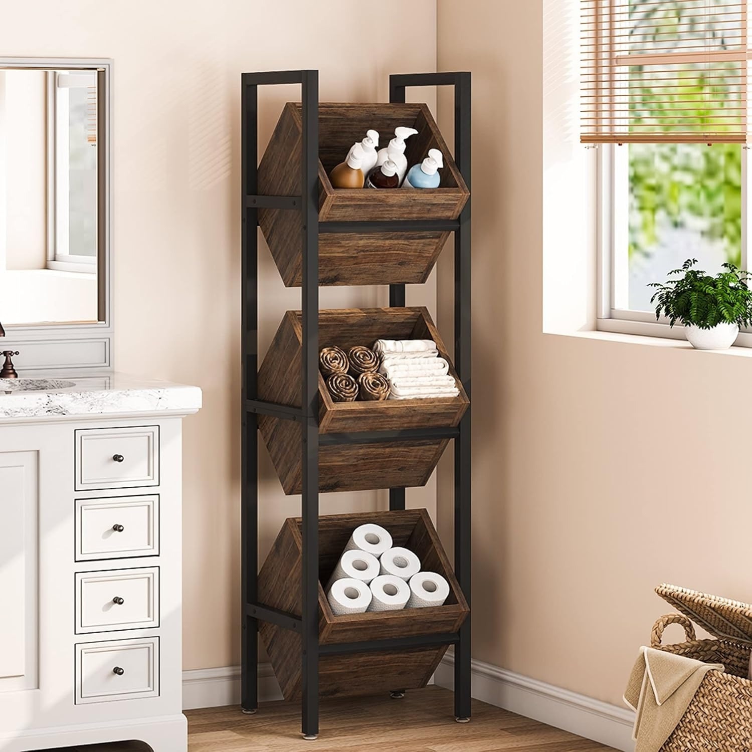 Lantine 3-Tier Rustic Wood Snack Rack, Vertical Fruit Stand Storage Tower for Kitchen, Bathroom, Living Room