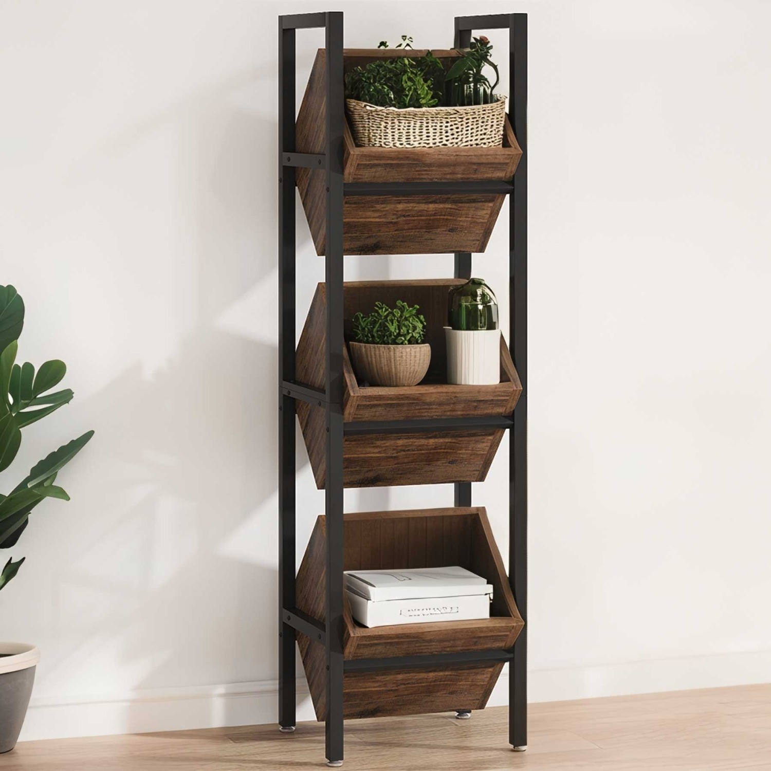 Lantine 3-Tier Rustic Wood Snack Rack, Vertical Fruit Stand Storage Tower for Kitchen, Bathroom, Living Room