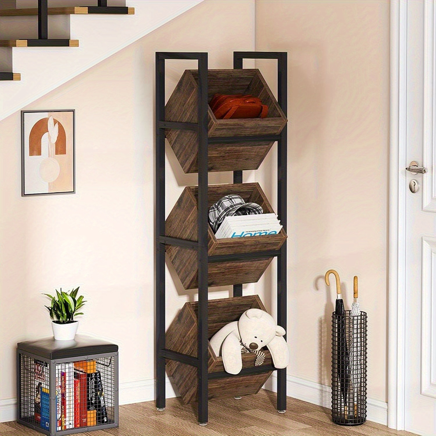Lantine 3-Tier Rustic Wood Snack Rack, Vertical Fruit Stand Storage Tower for Kitchen, Bathroom, Living Room