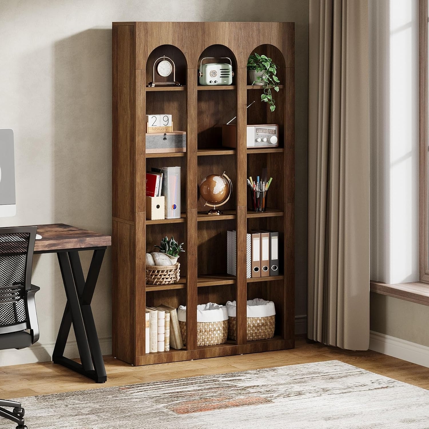 Lantine 5-Tier Farmhouse Arched Bookshelf, 70.87-Inch Mid Century