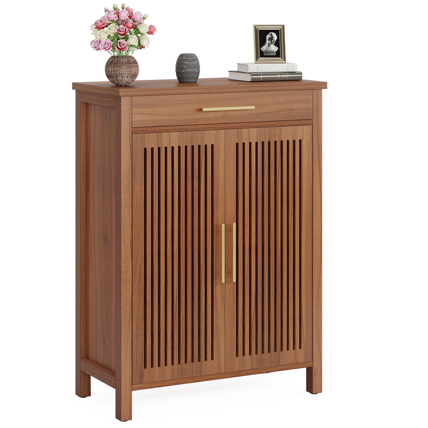 Armoire à chaussures Lantine, armoire de rangement à chaussures à 5 niveaux avec portes à persiennes et tiroir, range-chaussures en bois autonome