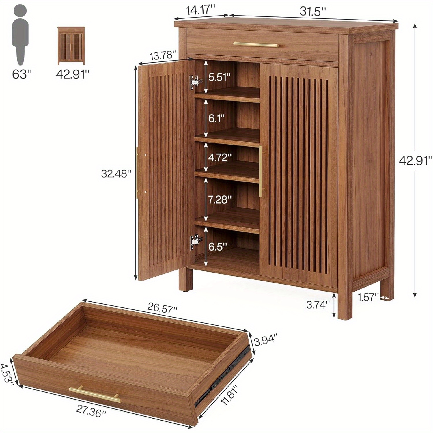 Armoire à chaussures Lantine, armoire de rangement à chaussures à 5 niveaux avec portes à persiennes et tiroir, range-chaussures en bois autonome