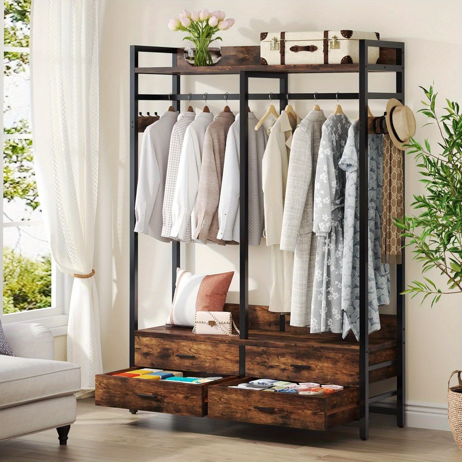 Lantine Freestanding Closet Organizer For Hanging Clothes,Heavy Duty Garment Rack With 4 Drawers,8 Hooks And Storage Shelves,Wardrobe Closet Clothing