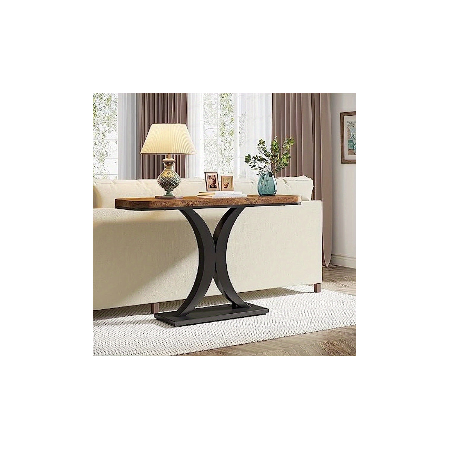 Lantine Modern Gold Console Table, 40 inch Narrow Entryway Foyer Table with Geometric Base, Rustic Hallway Accent Table for Living Room, Entrance