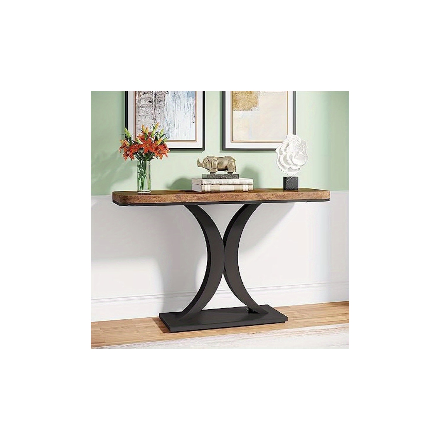 Lantine Modern Gold Console Table, 40 inch Narrow Entryway Foyer Table with Geometric Base, Rustic Hallway Accent Table for Living Room, Entrance