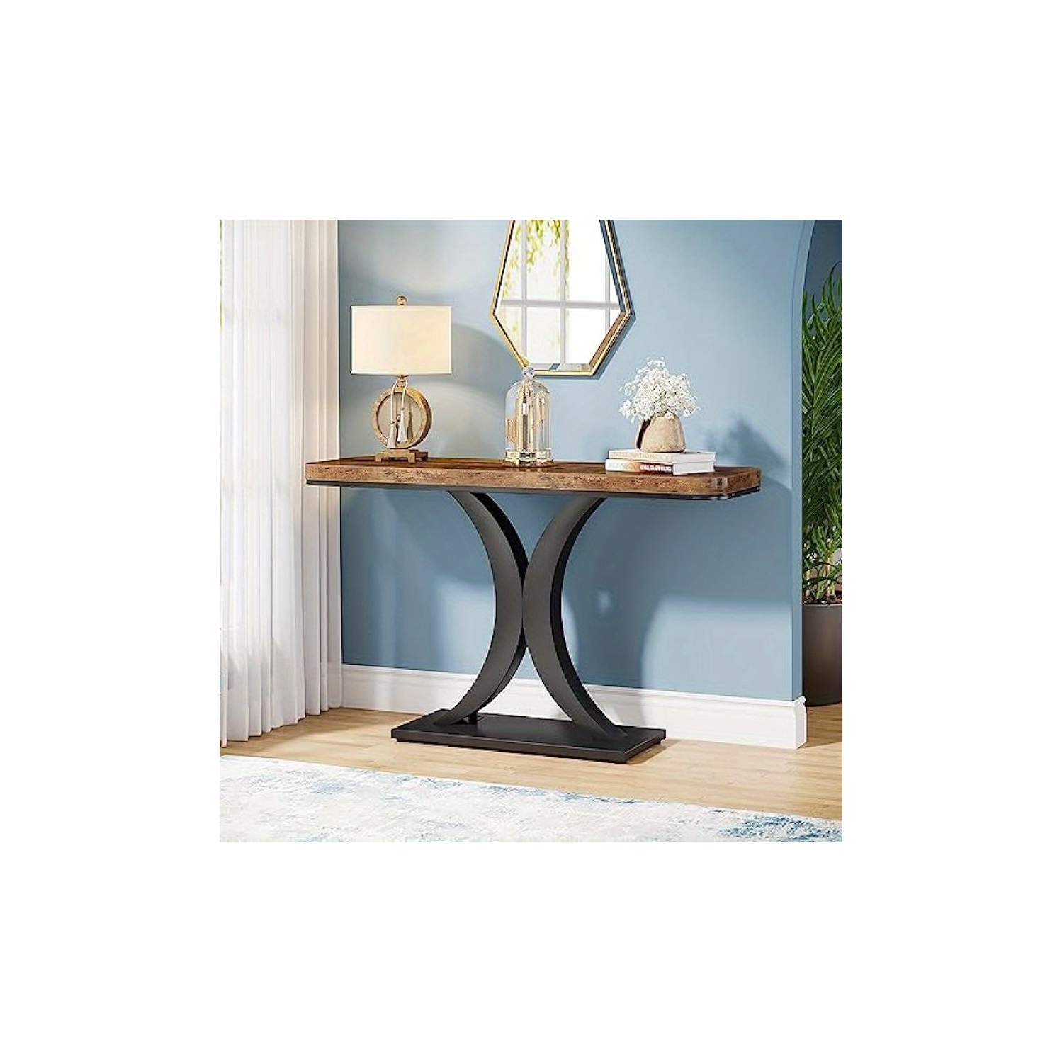 Lantine Modern Gold Console Table, 40 inch Narrow Entryway Foyer Table with Geometric Base, Rustic Hallway Accent Table for Living Room, Entrance