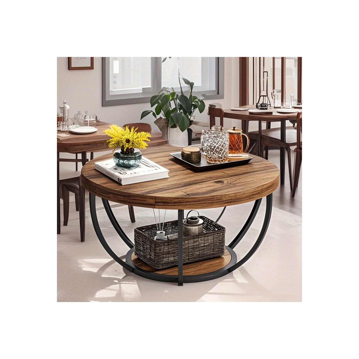 Table basse ronde Lantine Table basse en bois à deux étages avec espace de rangement ouvert et pattes en métal convenant à la chambre à coucher du