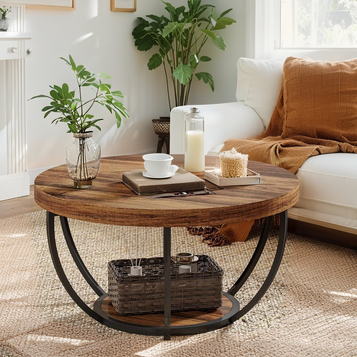 Table basse ronde Lantine Table basse en bois à deux étages avec espace de rangement ouvert et pattes en métal convenant à la chambre à coucher du