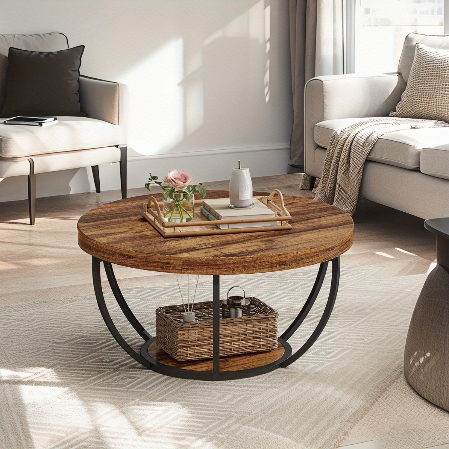 Table basse ronde Lantine Table basse en bois à deux étages avec espace de rangement ouvert et pattes en métal convenant à la chambre à coucher du