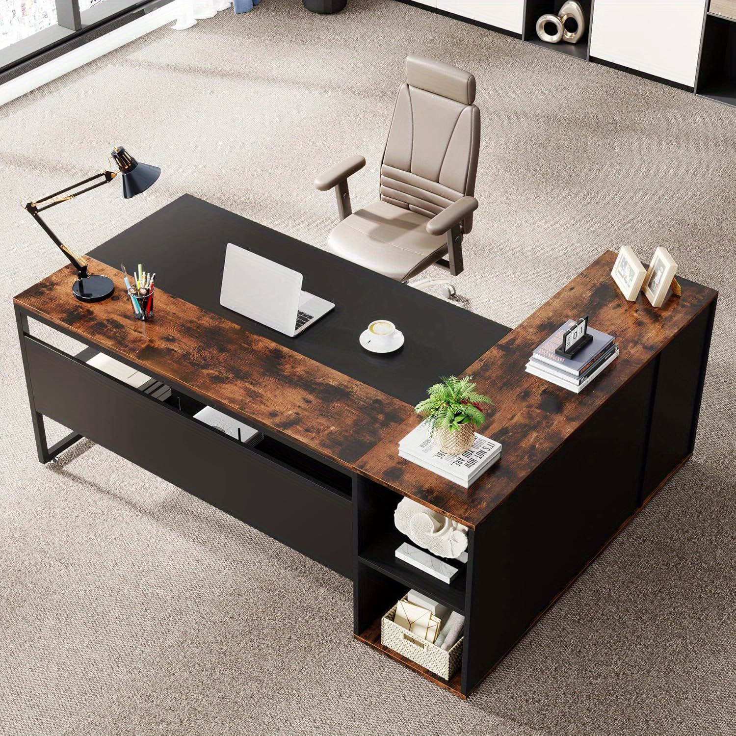 Lantine Executive Desk, L Shaped Desk with Cabinet Storage, Executive Office Desk with Shelves, Business Furniture Desk Workstation for Home Office,