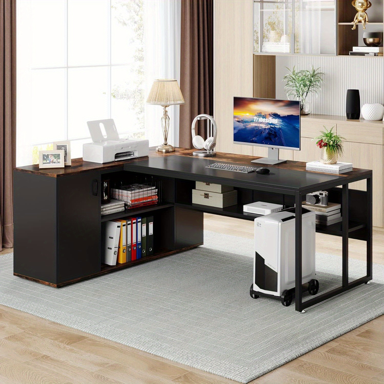 Lantine Executive Desk, L Shaped Desk with Cabinet Storage, Executive Office Desk with Shelves, Business Furniture Desk Workstation for Home Office,