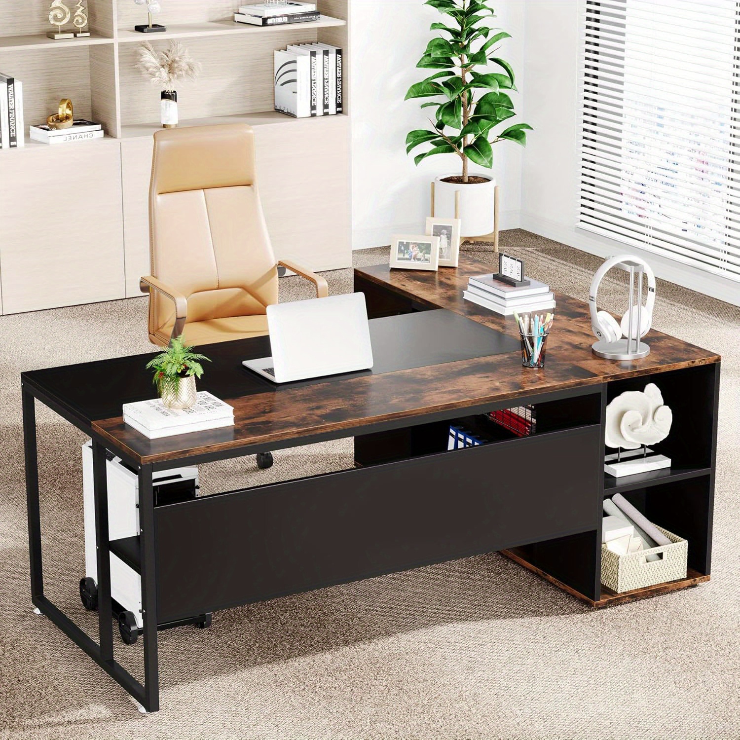 Lantine Executive Desk, L Shaped Desk with Cabinet Storage, Executive Office Desk with Shelves, Business Furniture Desk Workstation for Home Office,