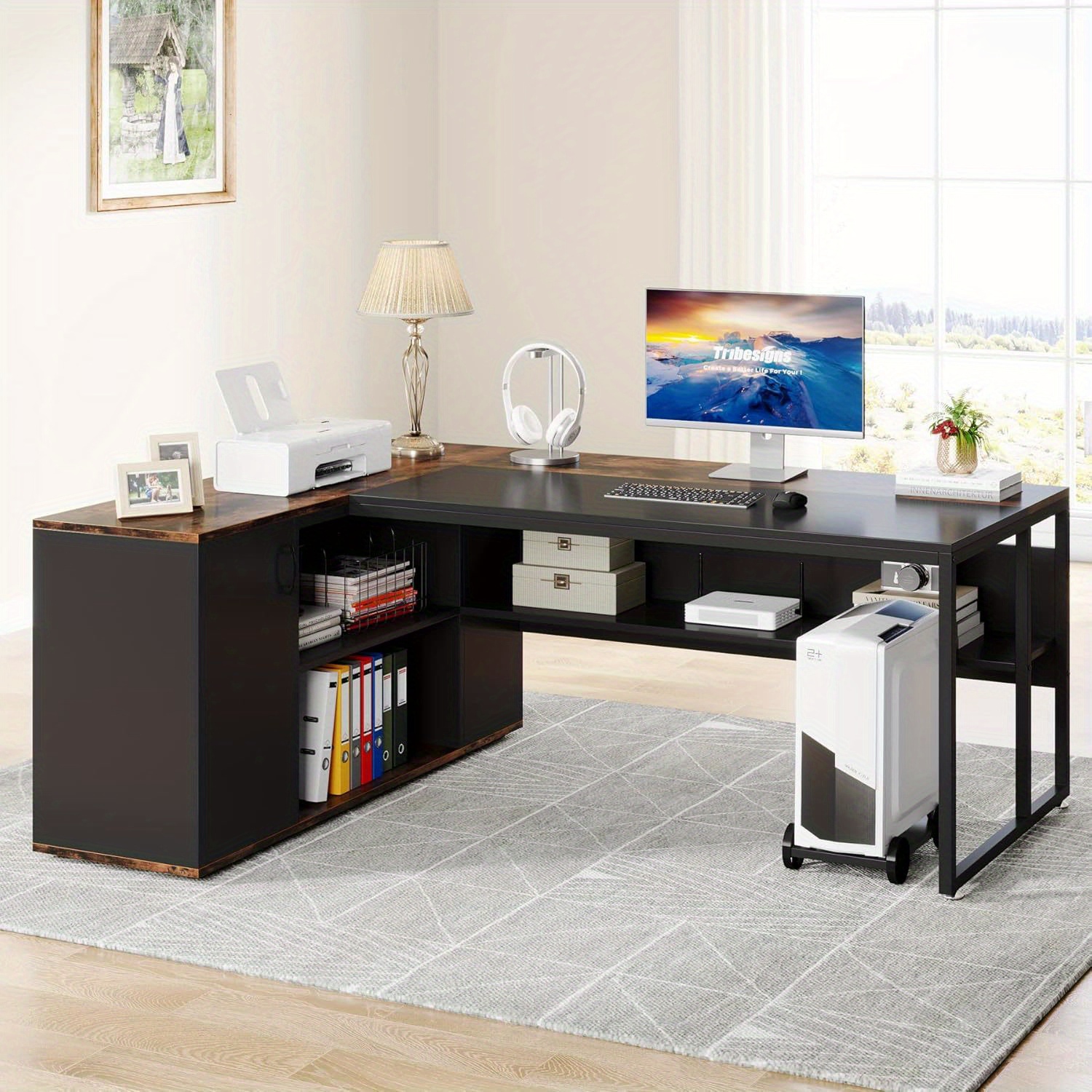 Lantine Executive Desk, L Shaped Desk with Cabinet Storage, Executive Office Desk with Shelves, Business Furniture Desk Workstation for Home Office,