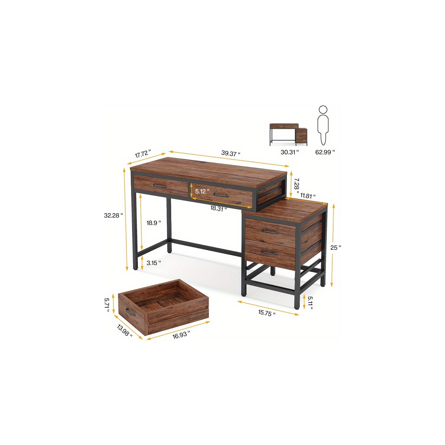 Lantine Furniture for Home, 5 Drawers Computer Desk, Desk with Reversible File Drawer Cabinet for Home Office