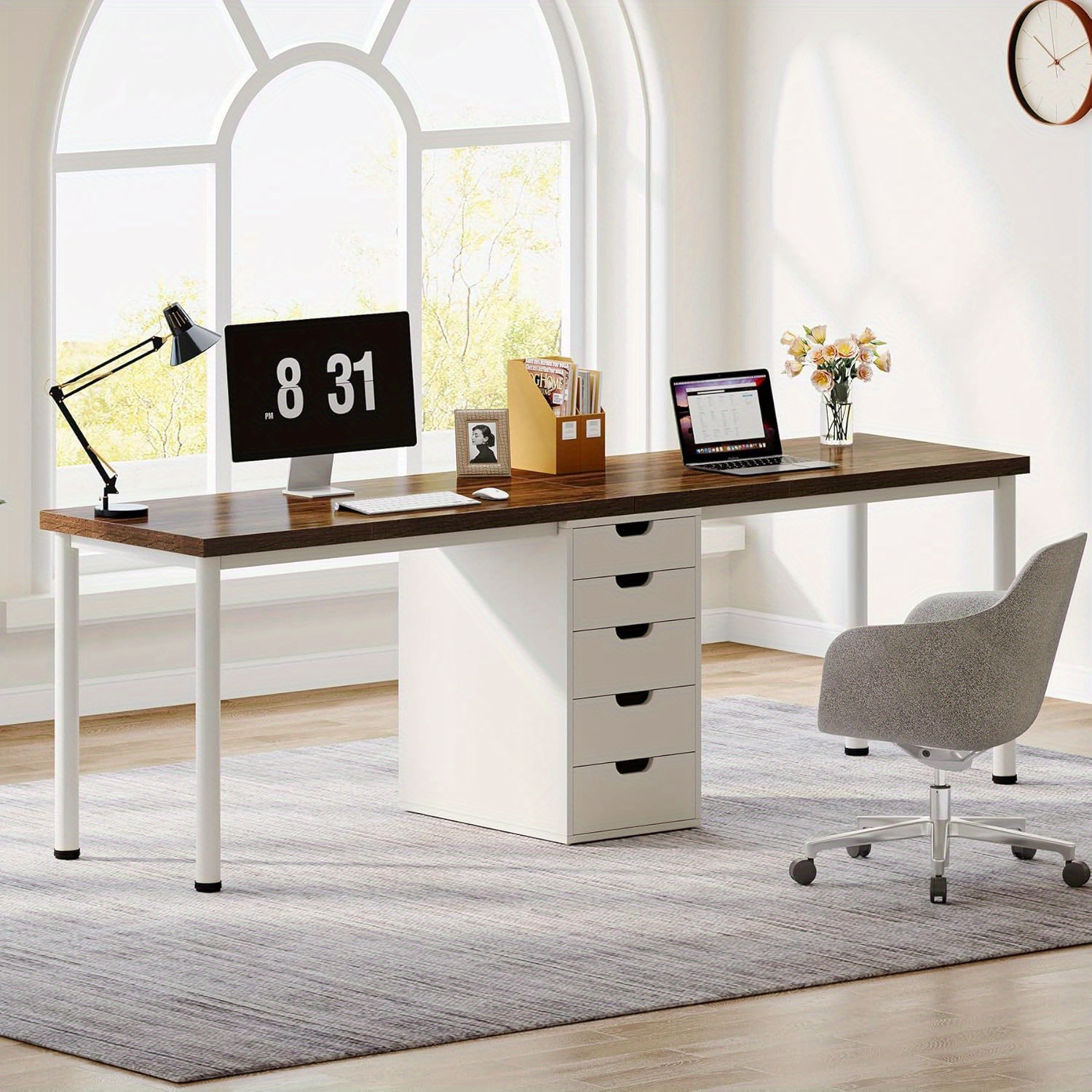 Bureau d'ordinateur pour deux personnes avec 5 tiroirs, bureau double très long de 78,7&nbsp;po, table d'étude simple et moderne pour bureau à