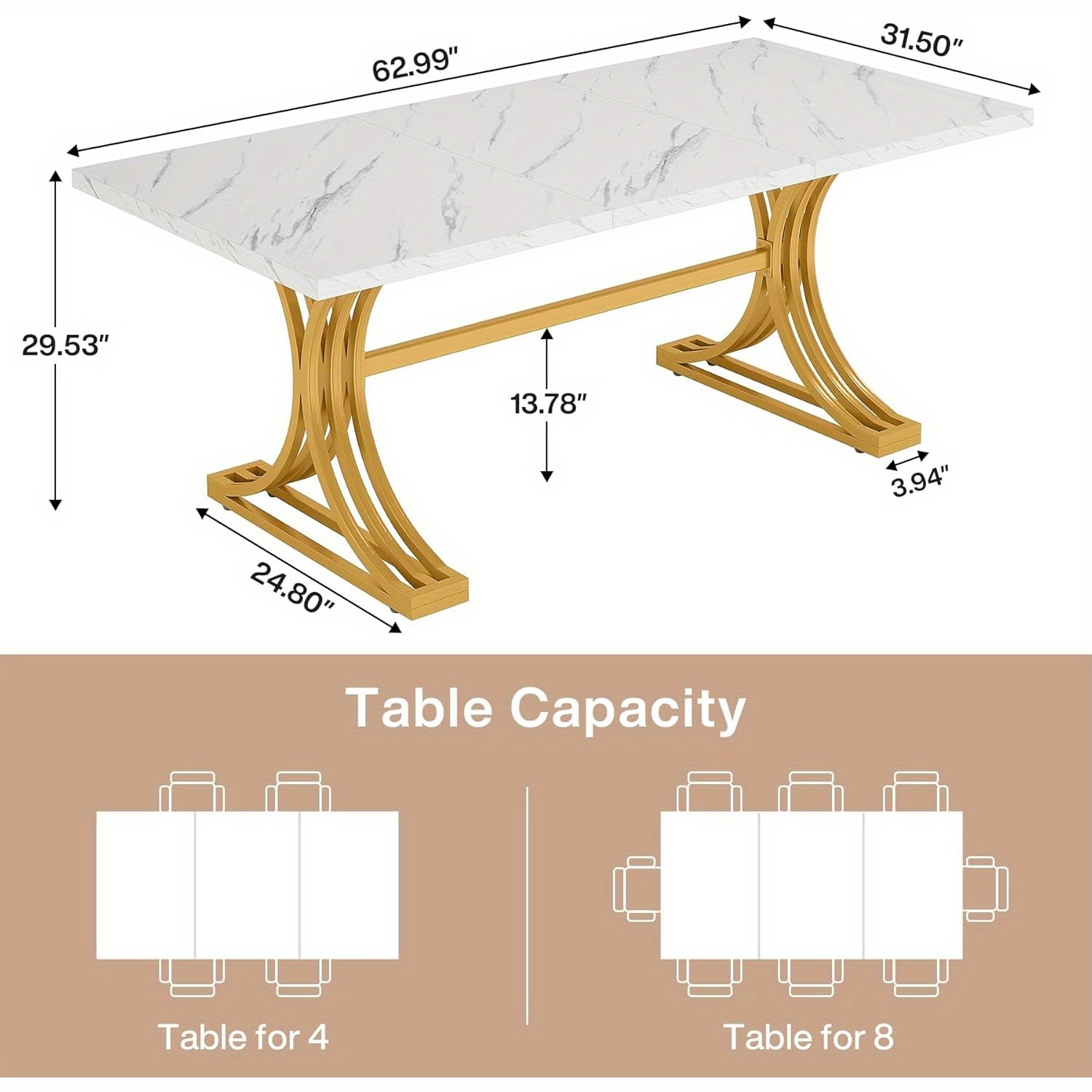 Lantine 63-Inch Rectangular Dining Table for 4 to 6, Modern Kitchen Table with Stylish Metal Trestle Legs, Large Dinner Table for Dining Room, Chair