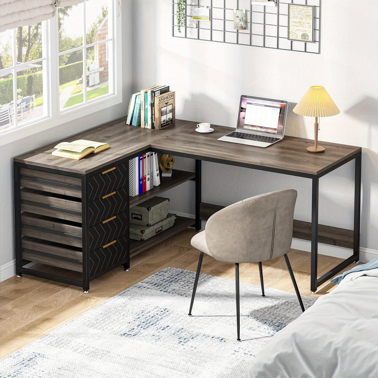 Bureau d'ordinateur en L de Lantine avec tiroirs de rangement, bureau en coin 59&nbsp;po avec tablettes, bureau en L réversible pour bureau à domicile