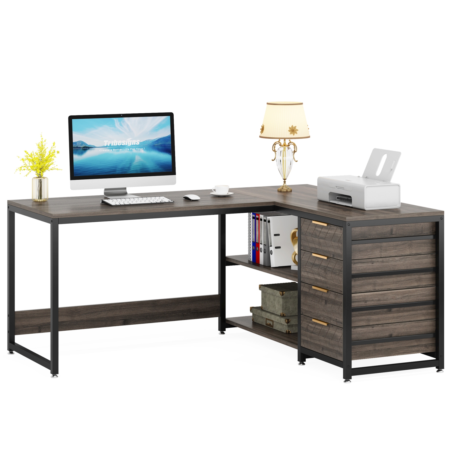 Bureau d'ordinateur en L de Lantine avec tiroirs de rangement, bureau en coin 59&nbsp;po avec tablettes, bureau en L réversible pour bureau à domicile