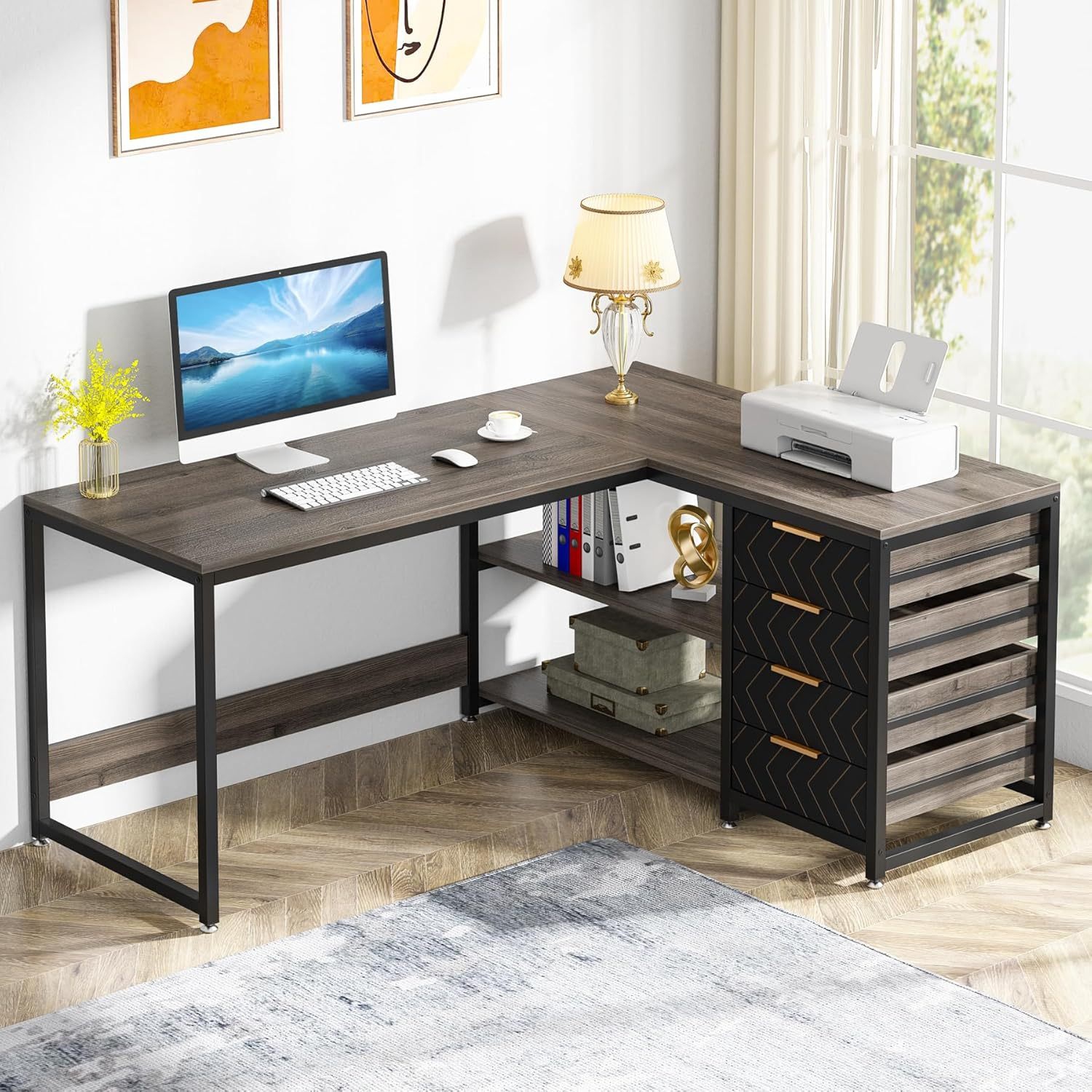 Bureau d'ordinateur en L de Lantine avec tiroirs de rangement, bureau en coin 59&nbsp;po avec tablettes, bureau en L réversible pour bureau à domicile
