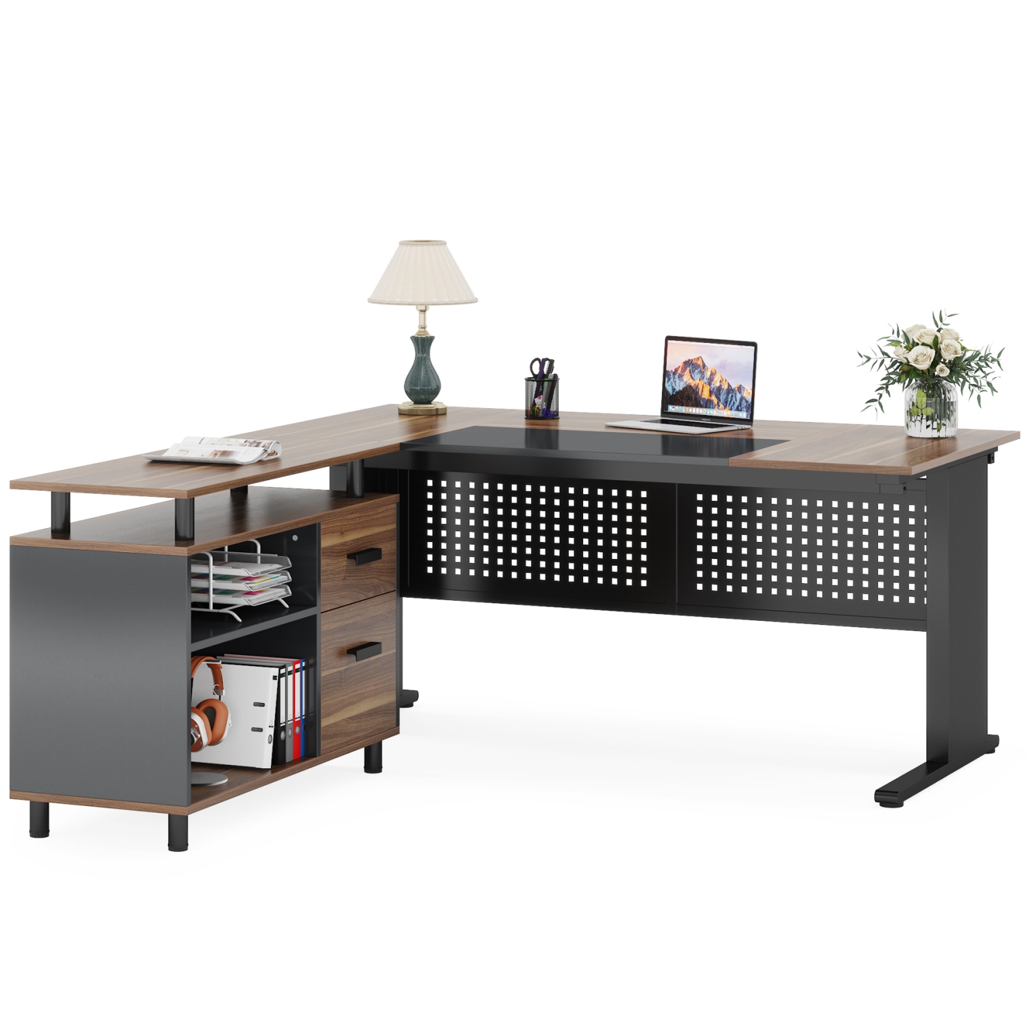 Lantine 63-Inch L-Shaped Executive Desk, File Cabinet with Drawers, Storage Shelves, Gray and Black for Home Office