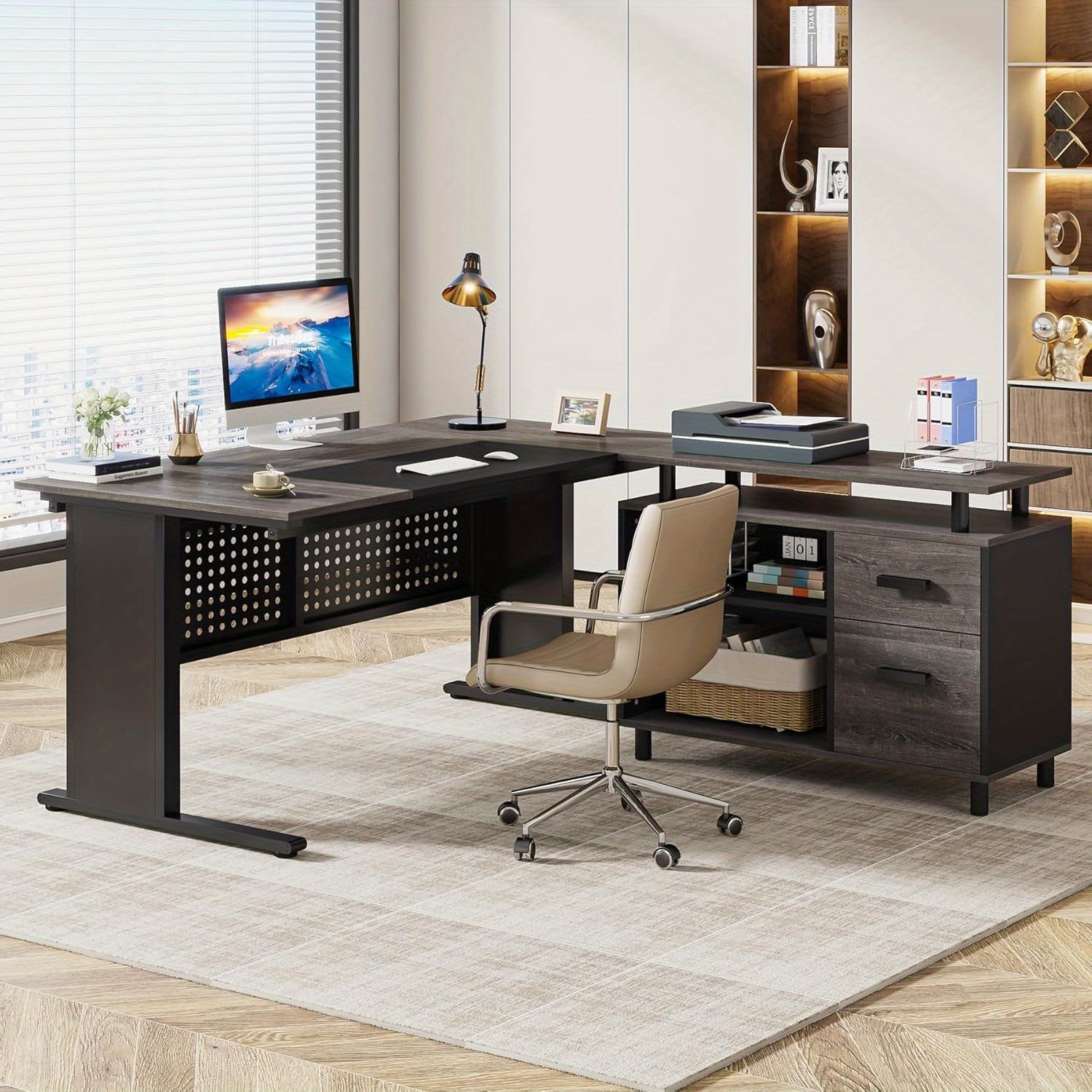 Lantine 63-Inch L-Shaped Executive Desk, File Cabinet with Drawers, Storage Shelves, Gray and Black for Home Office