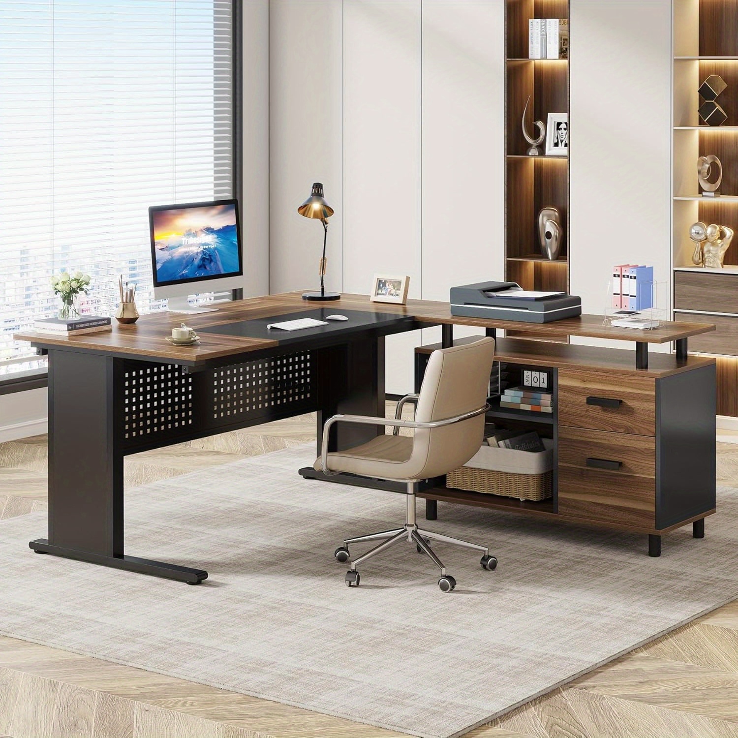 Lantine 63-Inch L-Shaped Executive Desk, File Cabinet with Drawers, Storage Shelves, Gray and Black for Home Office
