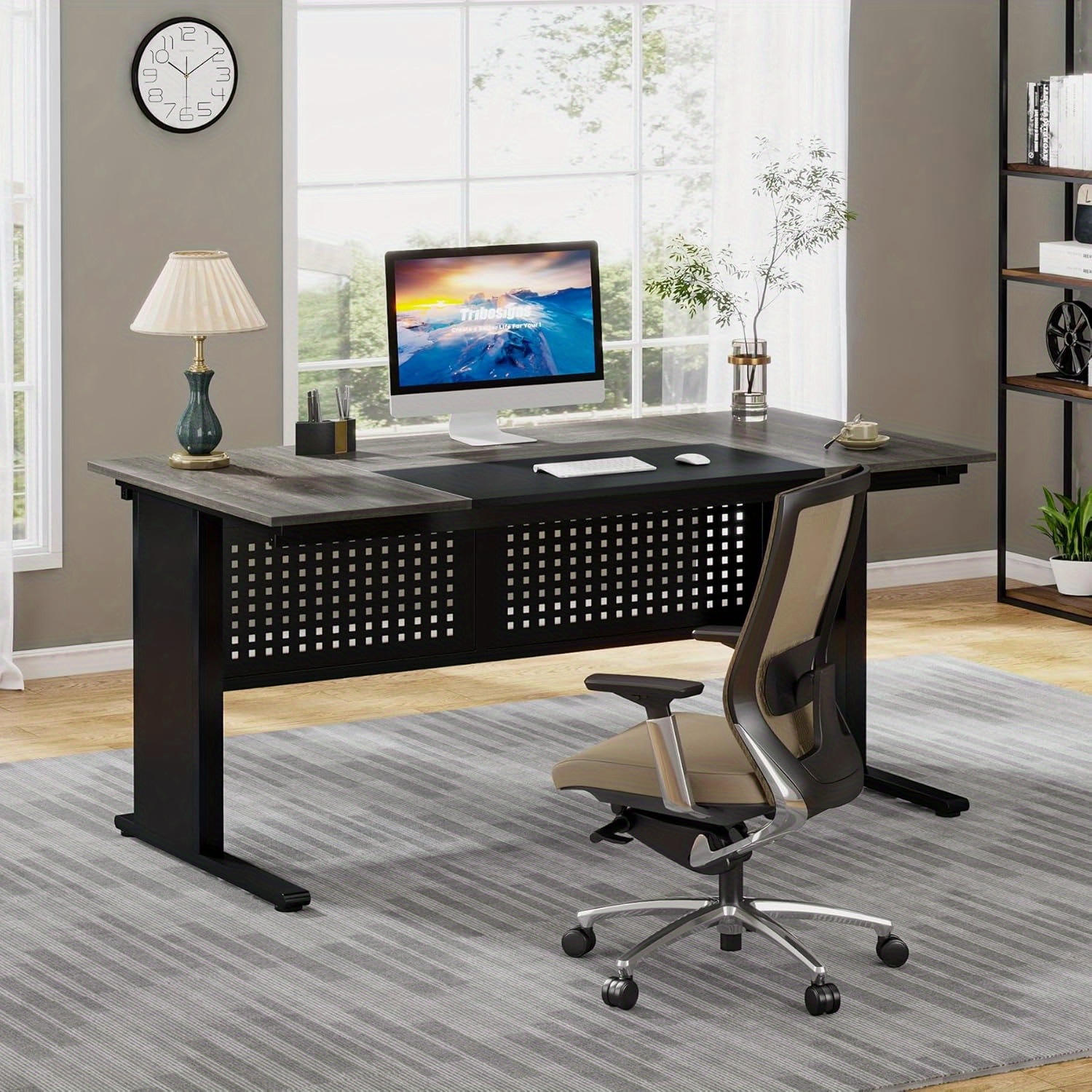 Lantine 63-Inch L-Shaped Executive Desk, File Cabinet with Drawers, Storage Shelves, Gray and Black for Home Office