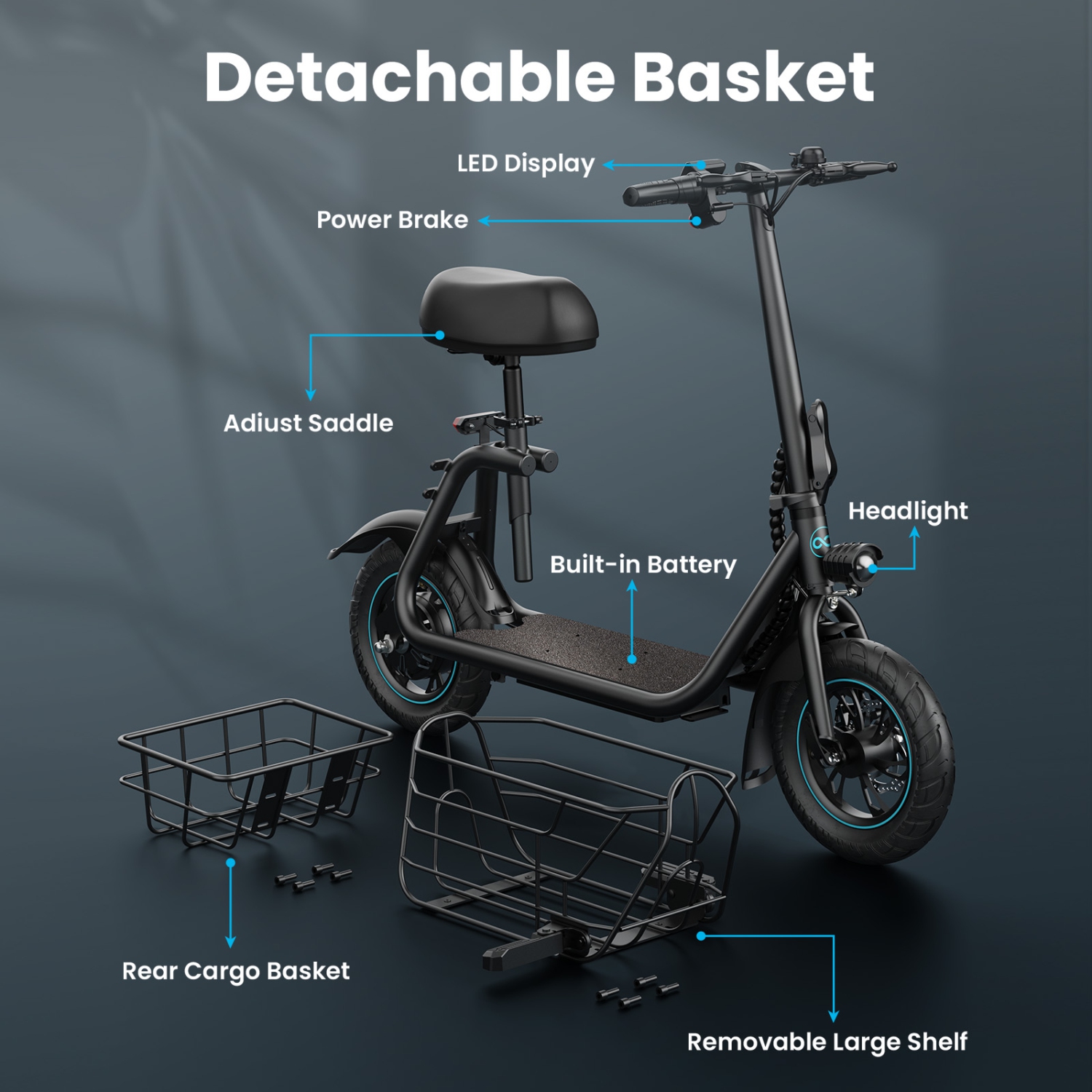 Trottinette électrique 550&nbsp;W de MIHOVER avec siège pour trottinette électrique 12&nbsp;po adulte Commuter pour animaux de compagnie avec panier
