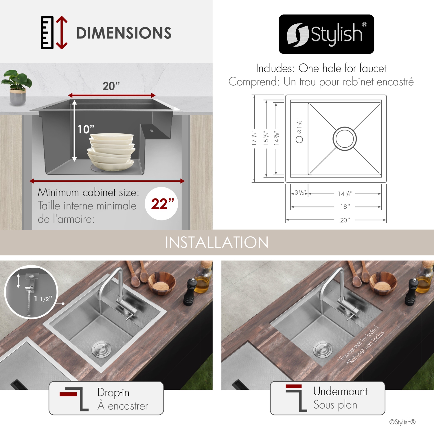 Concealed Dual-Mount Stainless Steel Utility Sink – 20-Inch, 1-Hole Prep Sink with Dura-Tek